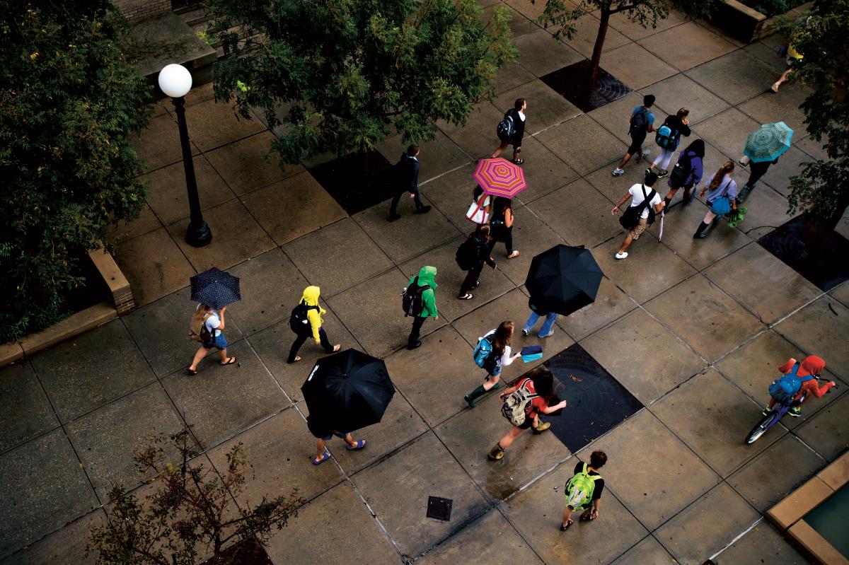 Student walking in the quad while it's raining with umbrellas held up. 