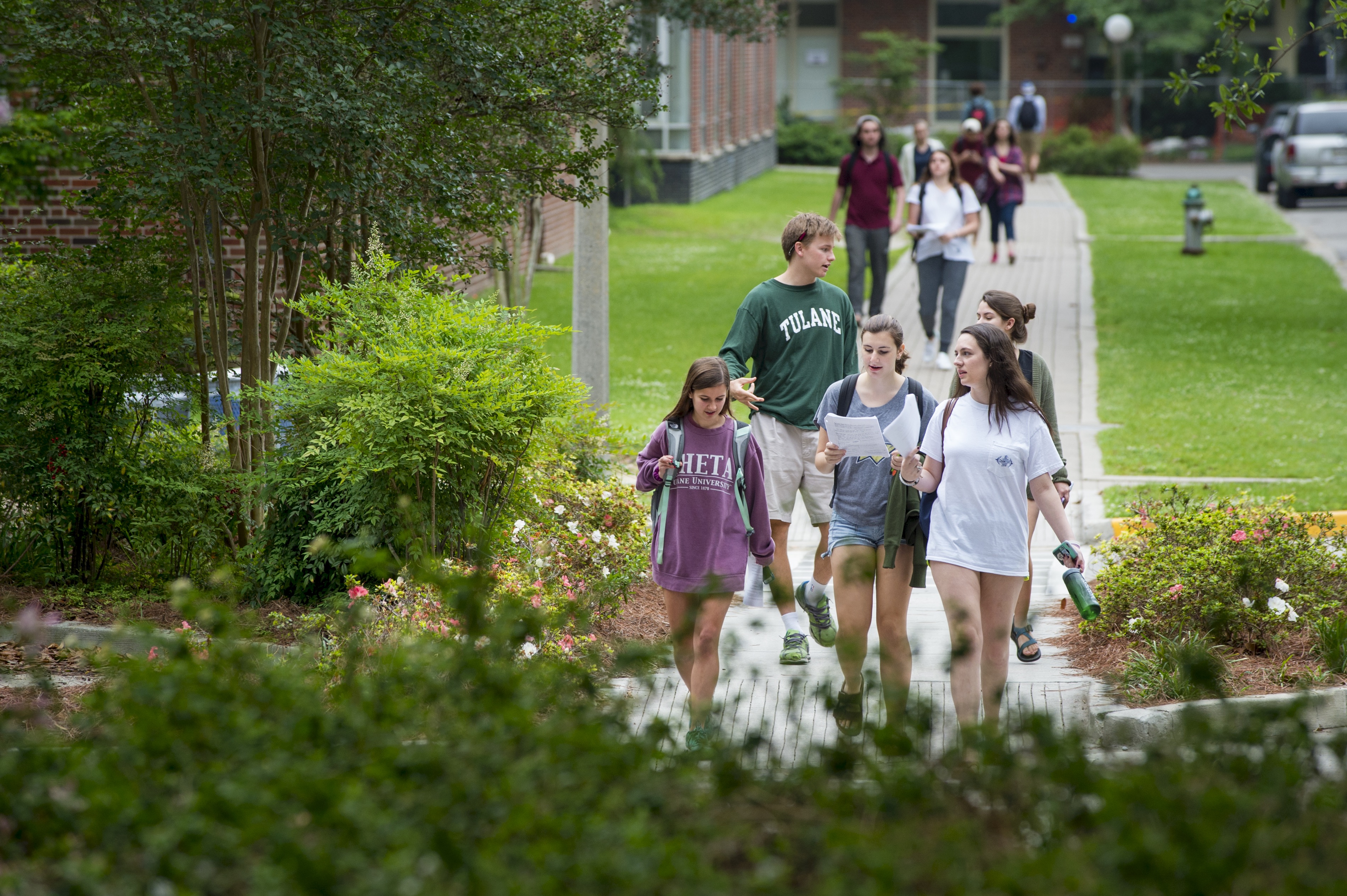 Group of students walking in the quad to a final exam.