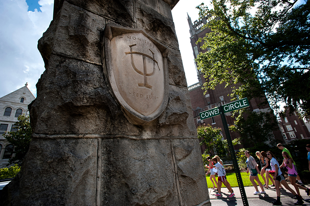 Tulane shield carved in stone. 