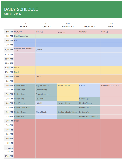 Sample daily schedule